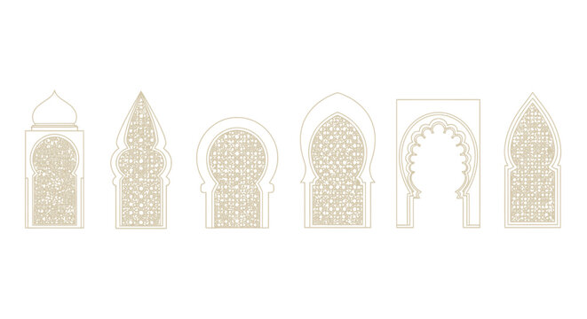 Collection of Islamic architectural window designs, showcasing intricate geometric patterns and arches