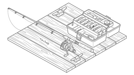 Fototapeta premium An isometric illustration of fishing gear, including a fishing rod, reel, tackle box, and cleats, arranged on a wooden surface.