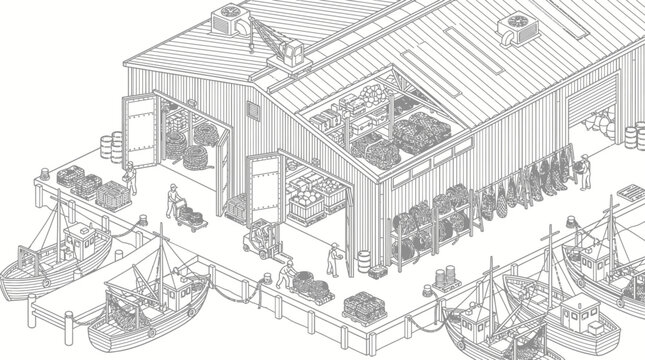 Isometric illustration of a bustling fish processing plant with boats docked and workers engaged in various tasks.