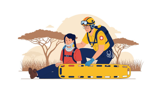 Paramedic assists injured woman with neck brace and stretcher in savanna landscape