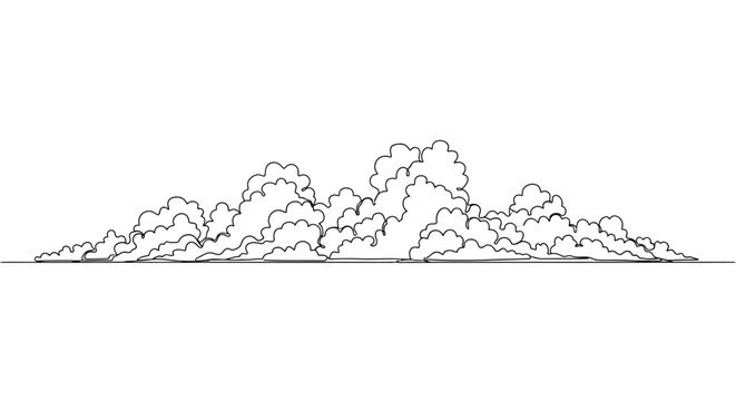 Detailed monochrome vector illustration showcasing a dynamic arrangement of cumulus clouds, hand-drawn style with intricate outlines, forming a captivating atmospheric design element