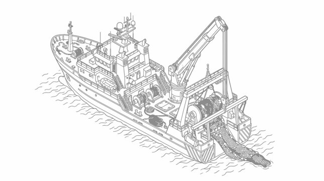 Isometric line art illustration of a modern fishing trawler with its trawl net being deployed into the ocean from the stern.