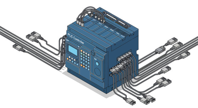 Industrial PLC Control Unit with Network Cables and Connectors