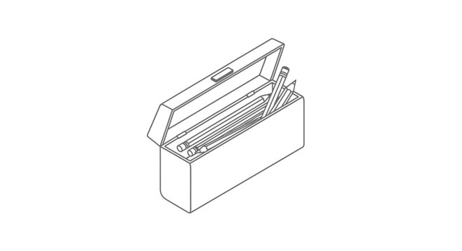 An isometric line drawing of an open pencil box filled with writing utensils and drawing tools.