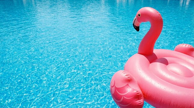 Pink flamingo pool floatie swimming in a bright blue summer water pool