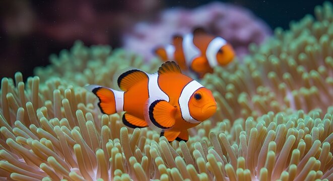 Close-up Bright Orange Clownfish Swimming in Anemone Habitat Scene