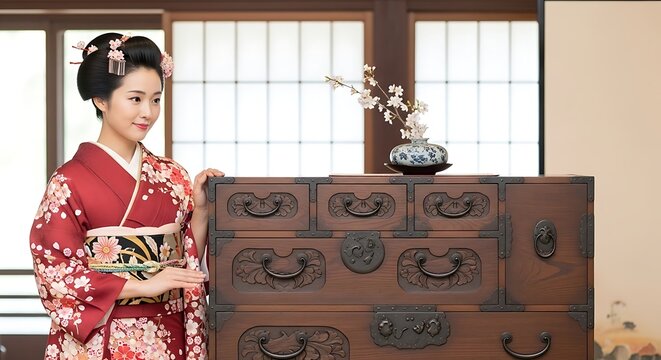 Young Japanese woman in traditional kimono standing by an antique wooden tansu chest.