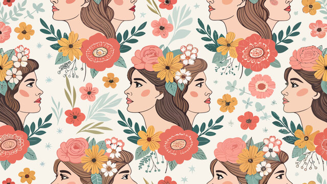 Seamless pattern with beautiful women faces and floral elements in vintage style