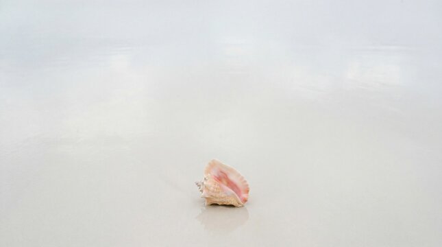 Pink seashell rests on white wet sand by the ocean shore at daytime