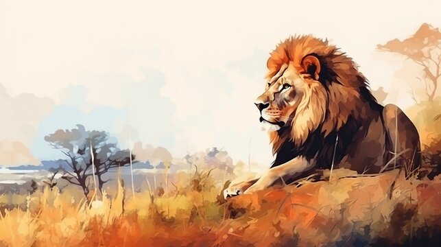 Majestic male lion resting on sunlit savanna with distant acacia trees and warm amber grasses