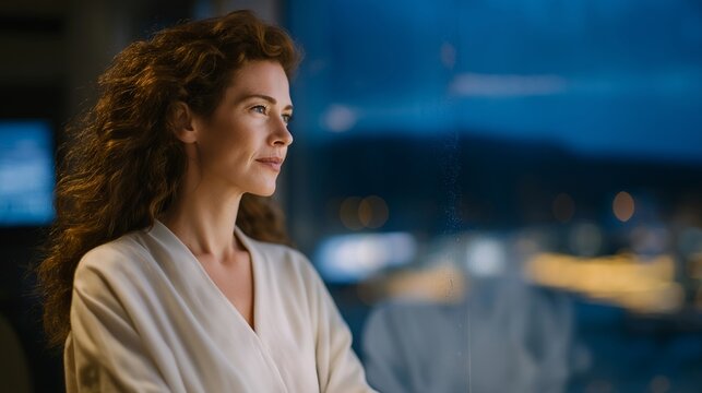 Philosopher at twilight blue hour stands before a rain-streaked window, neural correlate diagrams of consciousness reflected faintly on the glass beside her thoughtful silhouette, ideal for