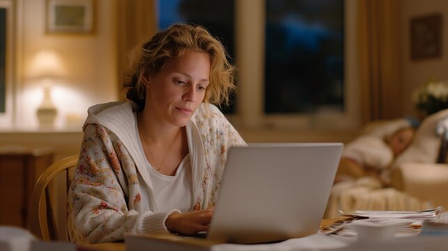 Military spouse submitting an online graduate school application at a kitchen table strewn with PCS moving boxes, child asleep on the couch behind her, late-night lamp glow, ideal for military