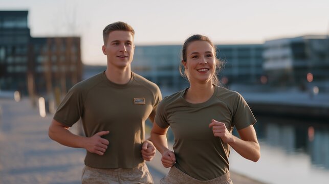Reservist couple doing morning PT together along an industrial canal path before sunrise, both in unit shirts, coffee thermoses left on a bench behind them, ideal for army reserve fitness, couple