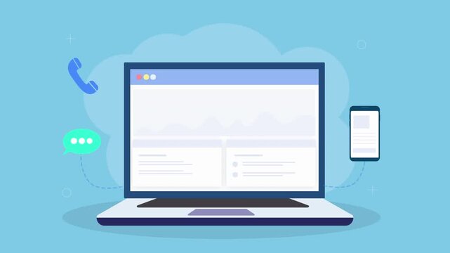 Flat vector animation of a laptop dashboard with phone call, chat bubble, and mobile device icons. Concept of communication systems, messaging, and digital interaction tracking.