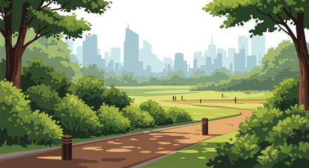 Naklejka premium Peaceful city park landscape with a winding walking path green trees and a distant urban skyline under a clear sky.
