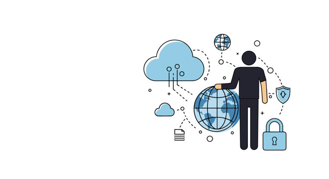 Global data security and cloud computing concept featuring a person standing next to world globe and security icons.