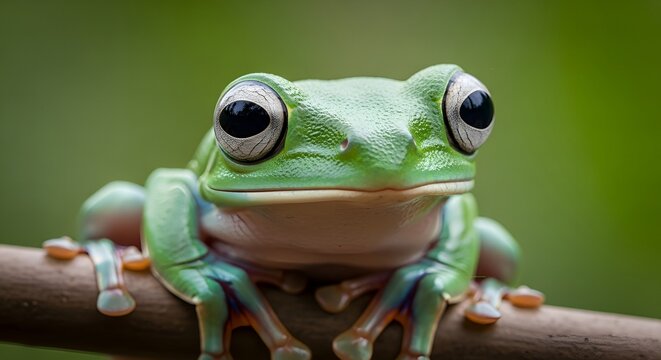 Close Up Detailed Charming Green Tree Frog Perched on Branch Creature