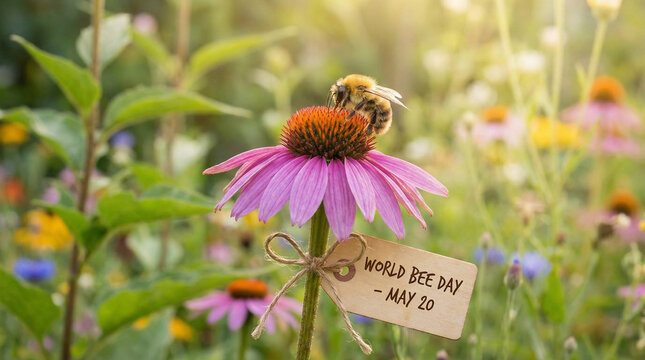 World Bee Day Celebration Honeybee on Wildflower. Warm inviting close-up perfect for May 20th awareness campaigns featuring bee on native wildflower