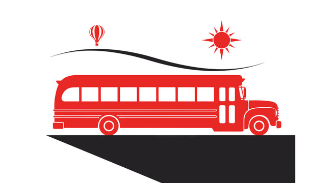 Red School Bus on Cliff Edge with Hot Air Balloon and Sun