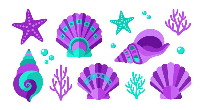 Oceanic Wonders: Purple & Teal Seashells, Starfish, Coral, and Bubbles Illustration