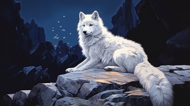 Moonlit White Arctic Wolf Lying on Rocky Outcrop Beneath Starry Night Sky