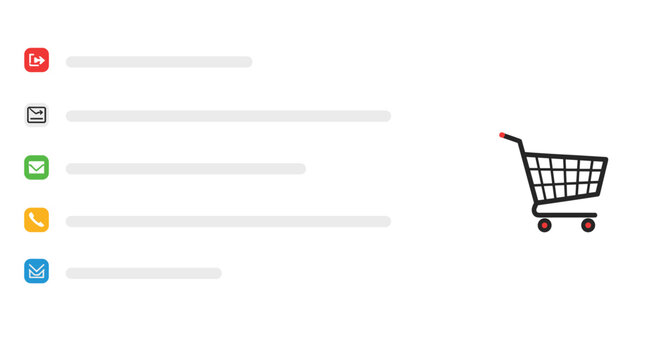 User interface icons list next to a shopping cart icon showing typical ecommerce menu options like email phone and chart analysis.