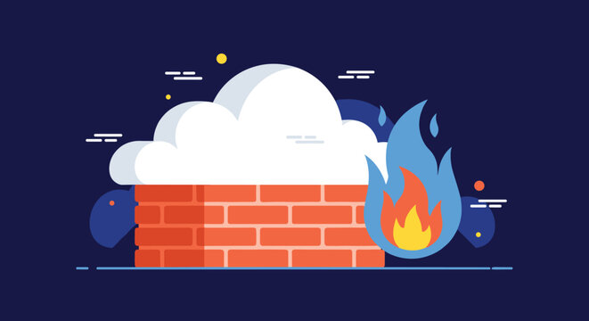 Network security firewall concept featuring a brick wall protecting a cloud in front of a dark blue background with fire symbols.