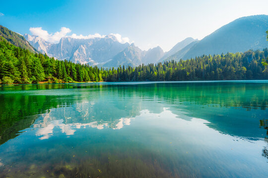Lake of Fusine or Lago Superiore di Fusine in the Mountain Range of Mount Mangart in Julian Alps near Tarvisio in Italy near Slovenia