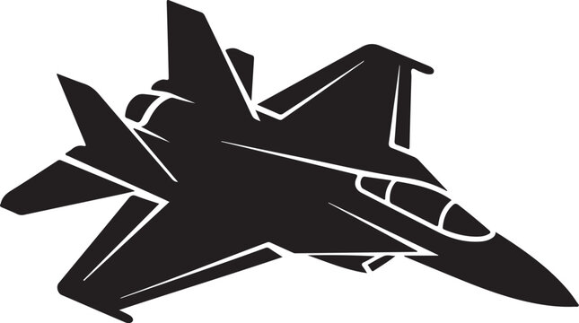 Black silhouette fighter jet, military aircraft icon, jet fighter vector, aviation symbol