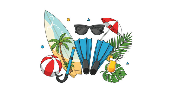 Collection of summer beach vacation items including a surfboard flippers snorkel mask beach ball sunglasses and tropical drink.