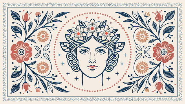 Vintage floral illustration with a womans face and botanical ornaments