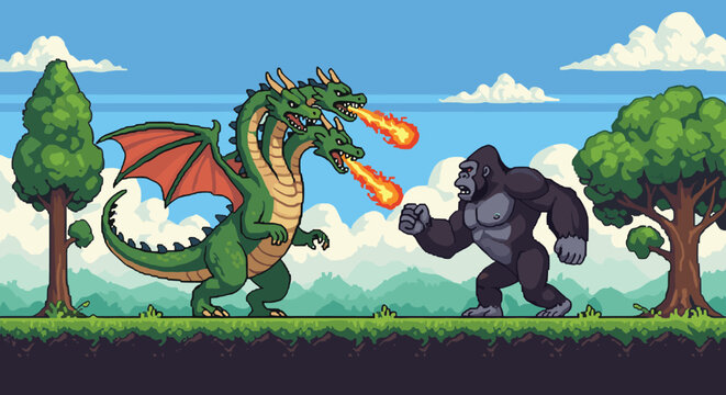 Pixel art fantasy battle scene featuring a three headed green dragon breathing fire at a powerful gorilla.