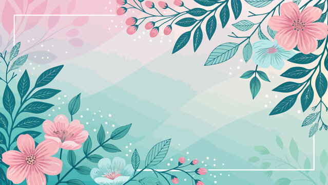 Spring floral background with pastel pink and blue flowers, green leaves, and a white frame