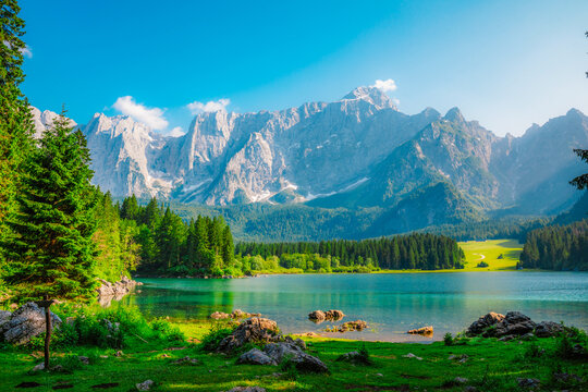 Lake of Fusine or Lago Superiore di Fusine in the Mountain Range of Mount Mangart in Julian Alps near Tarvisio in Italy near Slovenia