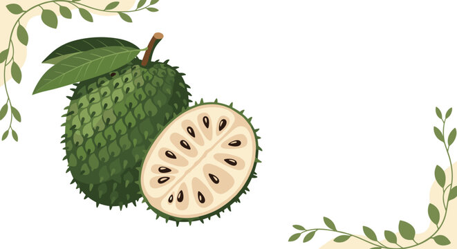 Whole and sliced soursop fruit also known as guanabana with green leaves and a decorative vine border.