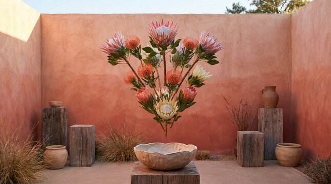 Geometric Floating Protea Desert Sunset Tones Studio. Exotic protea flowers arranged in triangular floating formation with terracotta and coral gradient backdrop, modern desert aesthetic