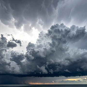 Dramatic storm clouds tower over the sea, their dark formations contrasting with the hints of sunlight