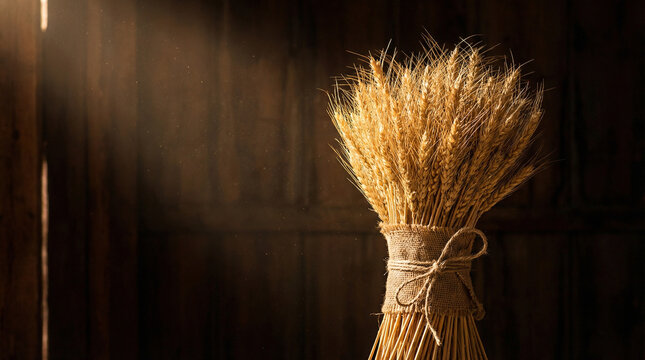 Dramatic Golden Wheat Sheaf Still Life Workers Day. Side-lit wheat bundle tied with burlap ribbon against dark backdrop, chiaroscuro lighting celebrating agricultural labor heritage