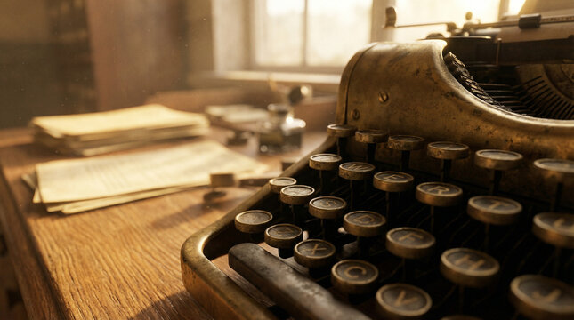 Vintage Typewriter Keys Close-Up Press Freedom Concept. Warm golden light illuminating antique typewriter keys with shallow depth of field, nostalgic journalism atmosphere