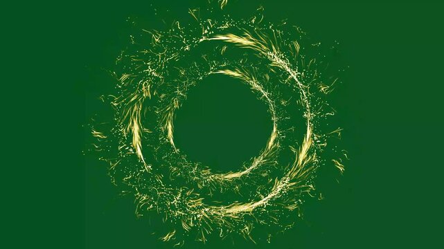 2D Golden glitter circle with sparkling light, Luxury magic festive effect, Christmas magic stars glow, firework confetti or glitter ring shimmer, Shining particles ring on green background. 4k video