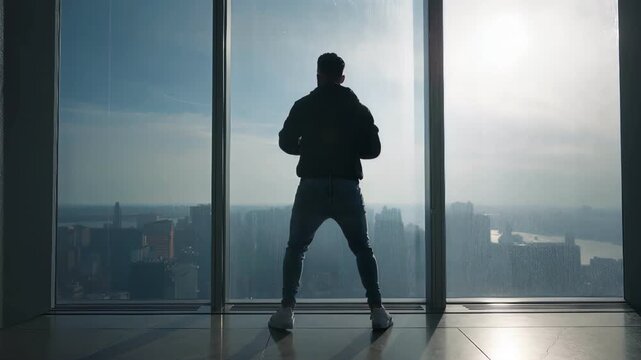 Excited man in hoodie jumping in front of office window city view surreal