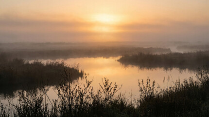 Obraz premium Serene Wetland Landscape Morning Mist Bird Sanctuary Scene. Wide shot of misty marshland at dawn with soft natural light reflecting on calm water and silhouetted reeds in foreground