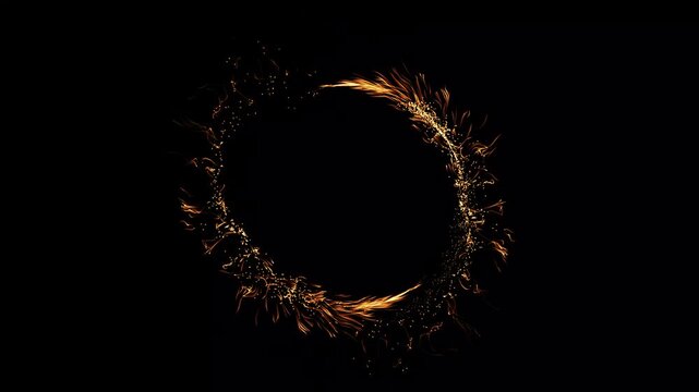 Golden glitter circle with sparkling light. Shining particles ring on black background. Luxury magic festive effect, Christmas magic stars glow, firework confetti or glitter ring shimmer. 4k video