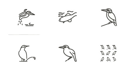 Fototapeta premium Feathered Icons: A collection of meticulously crafted line art icons, each portraying a unique avian subject. These refined illustrations capture the essence of different birds in simple.