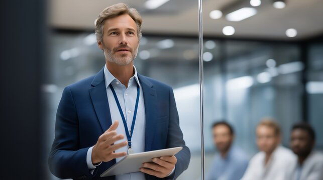 An enterprise IT manager in a glass-walled meeting room presents a mobile device management policy slide to a small multicultural team, badges clipped to lanyards, tablets in hand, perfect for MDM,