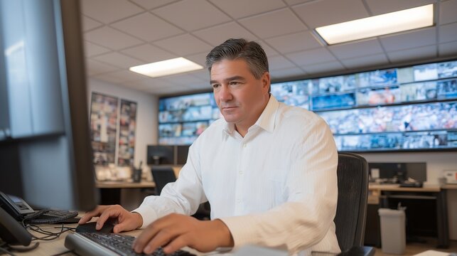 An MDM administrator adjusts a fleet management policy on a desktop workstation inside a sparse government IT office, motivational security awareness posters line the wall behind, fluorescent