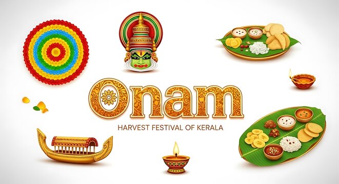 Onam Harvest Festival Of Kerala: Traditional Food, Snake Boat, Kathakali Mask, Pookalam and Diyas