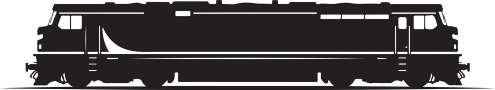 Black train locomotive, side view, silhouette, vector graphics, railroad transportation, engine