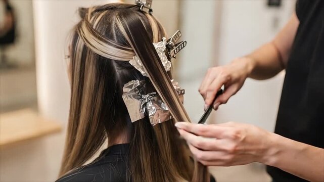 Hairdresser highlighting long hair of woman in salon. Stylist applying bleach on tresses wrapped in silver foil. Professional hair coloring beauty service step.