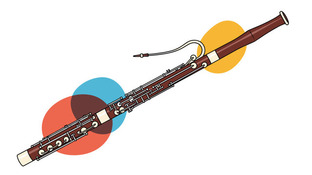 Detailed illustration of a classical bassoon woodwind instrument diagonally placed over colorful abstract circles.